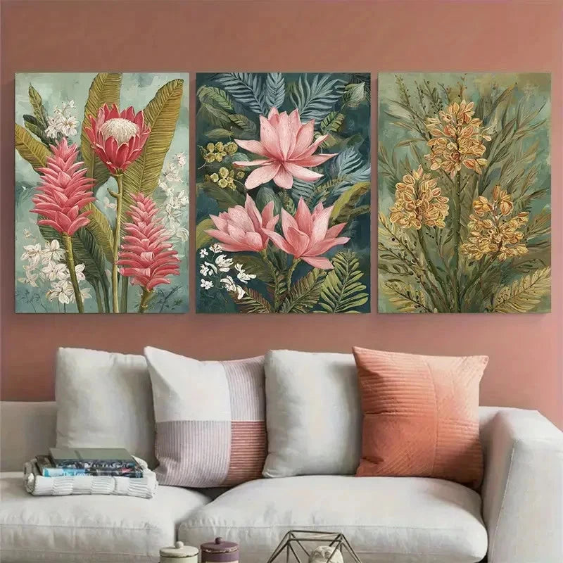 3pcs Vintage Indonesian Floral Illustration Wall Art Set Canvas Framed 40x60cm - High Quality Print 100% Australian Made Wall Canvas Ready to Hang