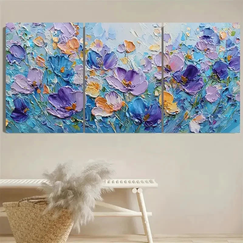 3pcs Flower Floral Art Blue Impasto Wall Art Set Canvas Framed 60x90cm - High Quality Print 100% Australian Made Wall Canvas Ready to Hang