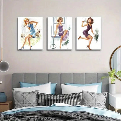 3pcs Vintage Pin-Up Girl Retro Glamorous Perfect Wall Art Set Canvas Framed 40x60cm - High Quality Print 100% Australian Made Wall Canvas Ready to Hang