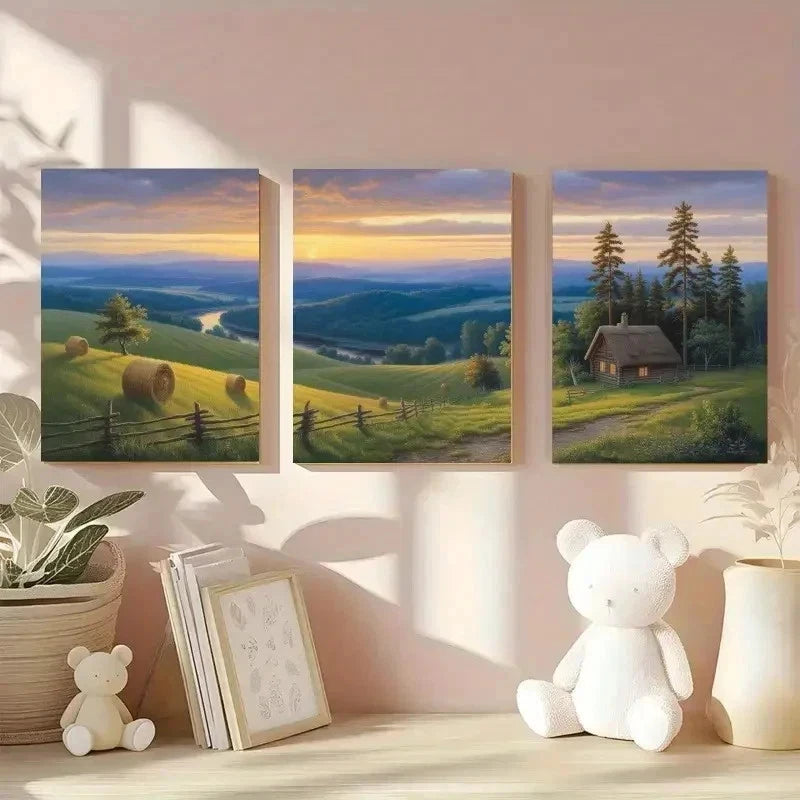 3pcs  Wooden Fence, Sunset, River, Pine Tree  Wall Art Set Canvas Framed 40x60cm - High Quality Print 100% Australian Made Wall Canvas Ready to Hang