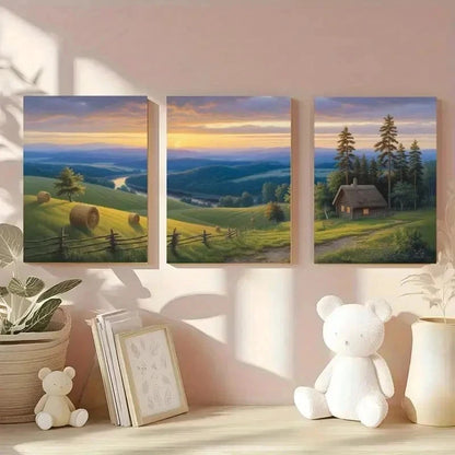 3pcs  Wooden Fence, Sunset, River, Pine Tree  Wall Art Set Canvas Framed 40x60cm - High Quality Print 100% Australian Made Wall Canvas Ready to Hang