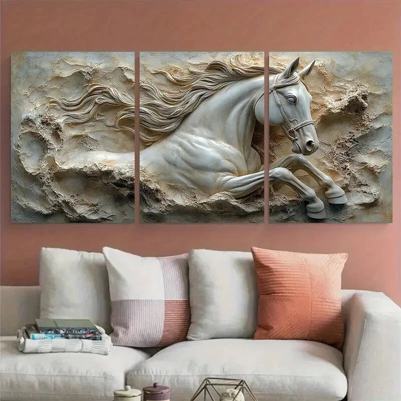 3pcs Neutral Stone Sculptural Equestrian Metal Print Ready to Hang Art