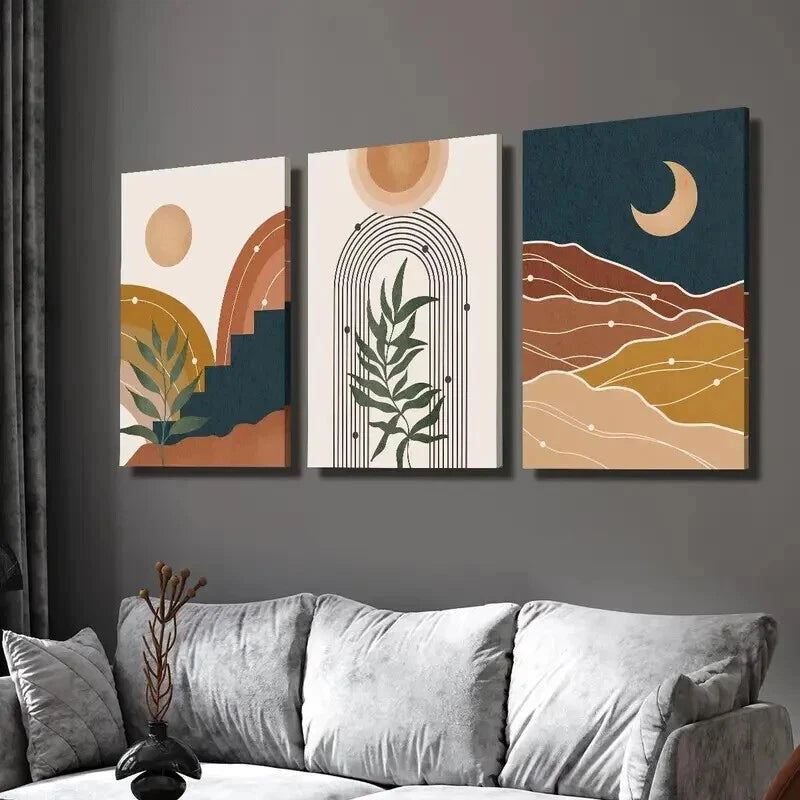 3pcs Abstract Bohemian Sun Moon & Plants Wall Art Set Canvas Framed 40x60cm - High Quality Print 100% Australian Made Wall Canvas Ready to Hang
