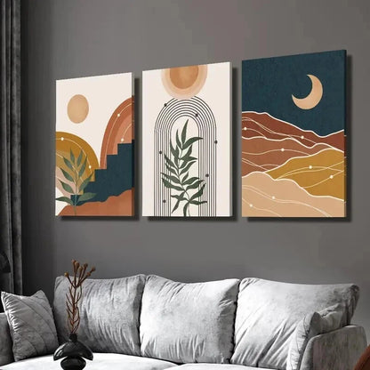 3pcs Abstract Bohemian Sun Moon & Plants Wall Art Set Canvas Framed 40x60cm - High Quality Print 100% Australian Made Wall Canvas Ready to Hang