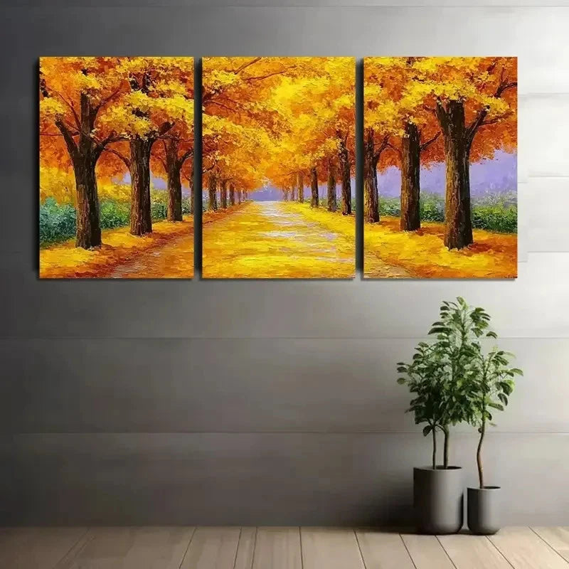 3pcs Landscape Painting with Golden Trees Metal Print Ready to Hang Art