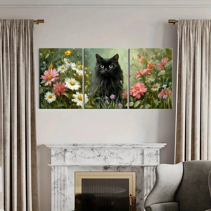 3pcss Black Cat Among Wildflowers Floral Metal Print Ready to Hang Art