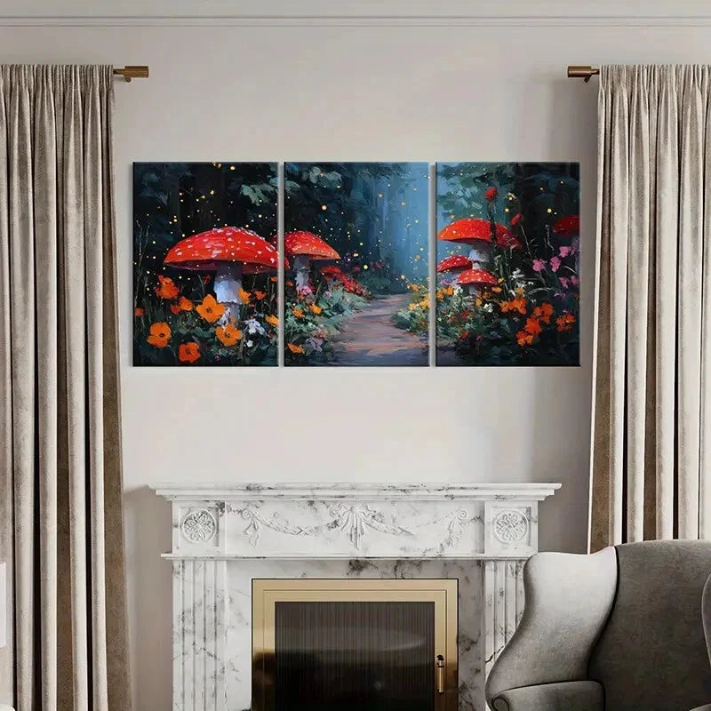 3pcs Enchanted Forest Pathway Red Mushrooms Metal Print Ready to Hang Art