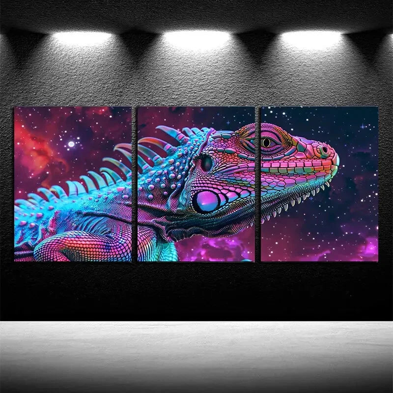 3pcs Vibrant Vivid Animal Iguana Illustration Metal Print Ready to Hang Art