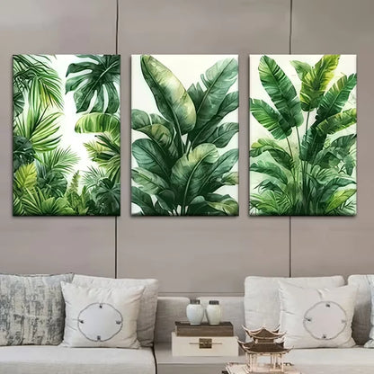 3pcs Green Palm Leaf Paintings Metal Print Ready to Hang Art