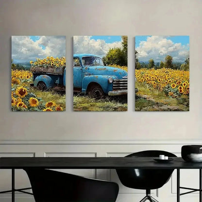 3pcs Vintage Car on a Sunflower Field Art Painting Metal Print Ready to Hang Art