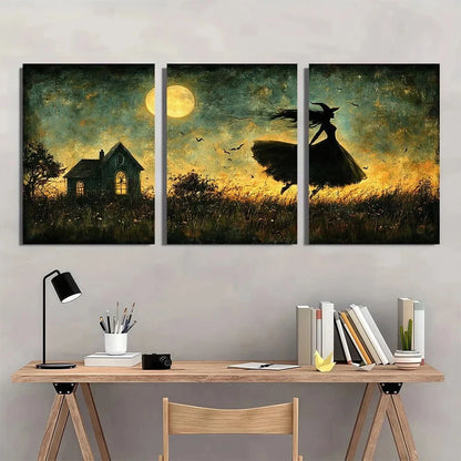 3pcs The Flying Witch Gothic Horror Moonlit Metal Print Ready to Hang Art