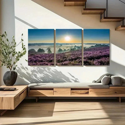 3pcs Lavender Field Sunset Landscape Wall Art Set Canvas Framed 40x60cm - High Quality Print 100% Australian Made Wall Canvas Ready to Hang