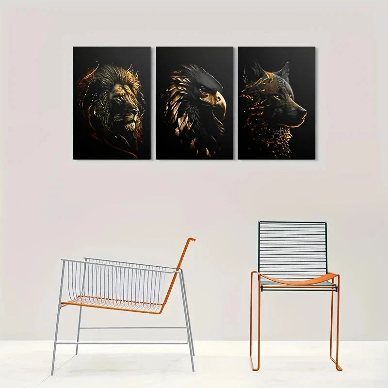 3pcs Golden Lion Eagle & Wolf Vibrant Abstract Metal Print Ready to Hang Art