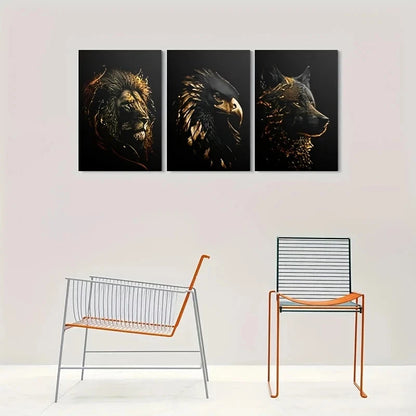 3pcs Golden Lion Eagle & Wolf Vibrant Abstract Metal Print Ready to Hang Art