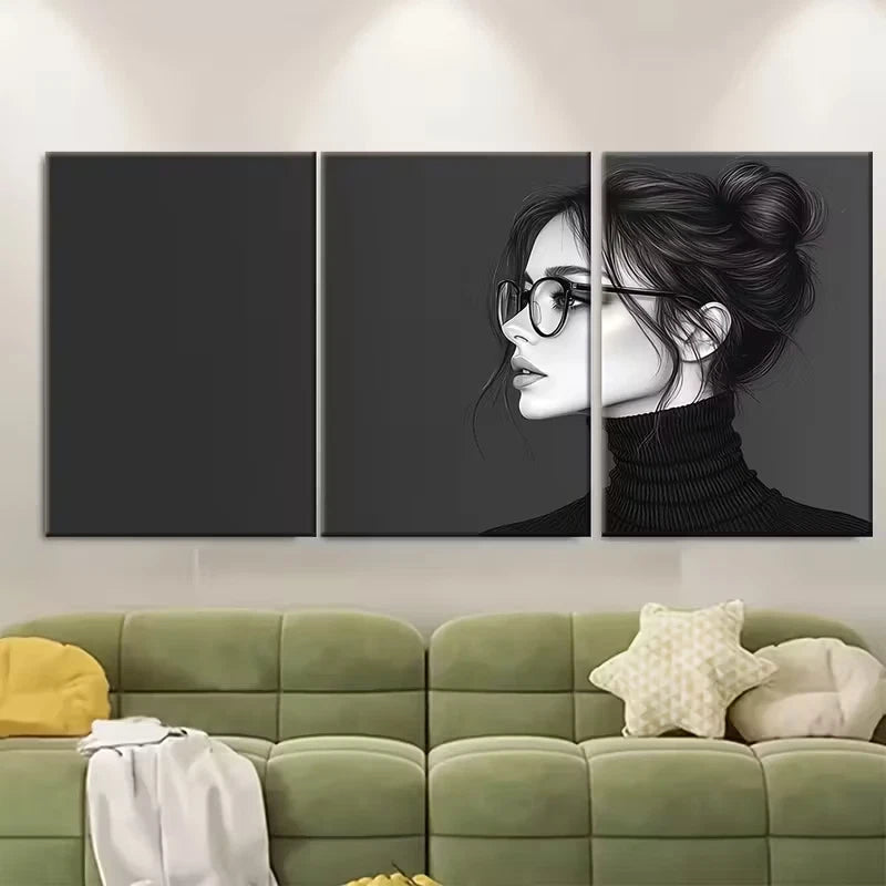3pcs Woman in Glasses Messy Bun Turtleneck Metal Print Ready to Hang Art