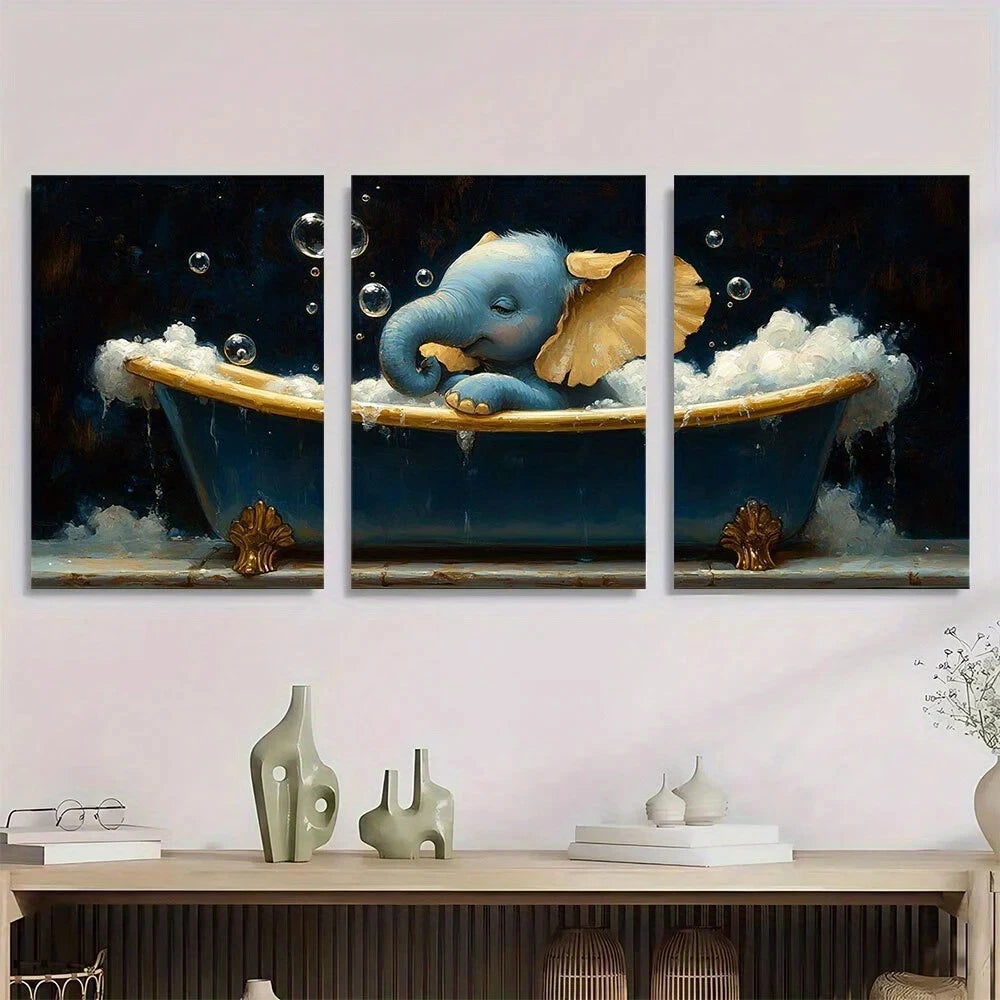 3pcs Whimsical Elephant Bubbles Golden Animal Metal Print Ready to Hang Art