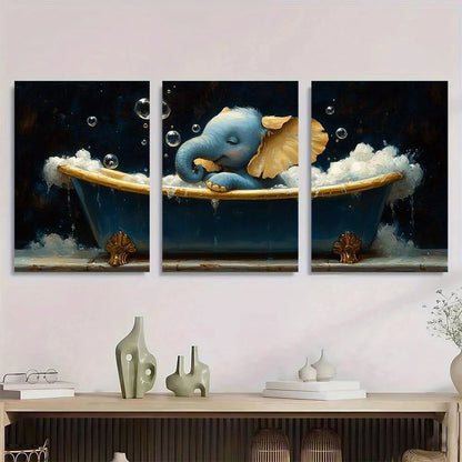 3pcs Whimsical Elephant Bubbles Golden Animal Metal Print Ready to Hang Art
