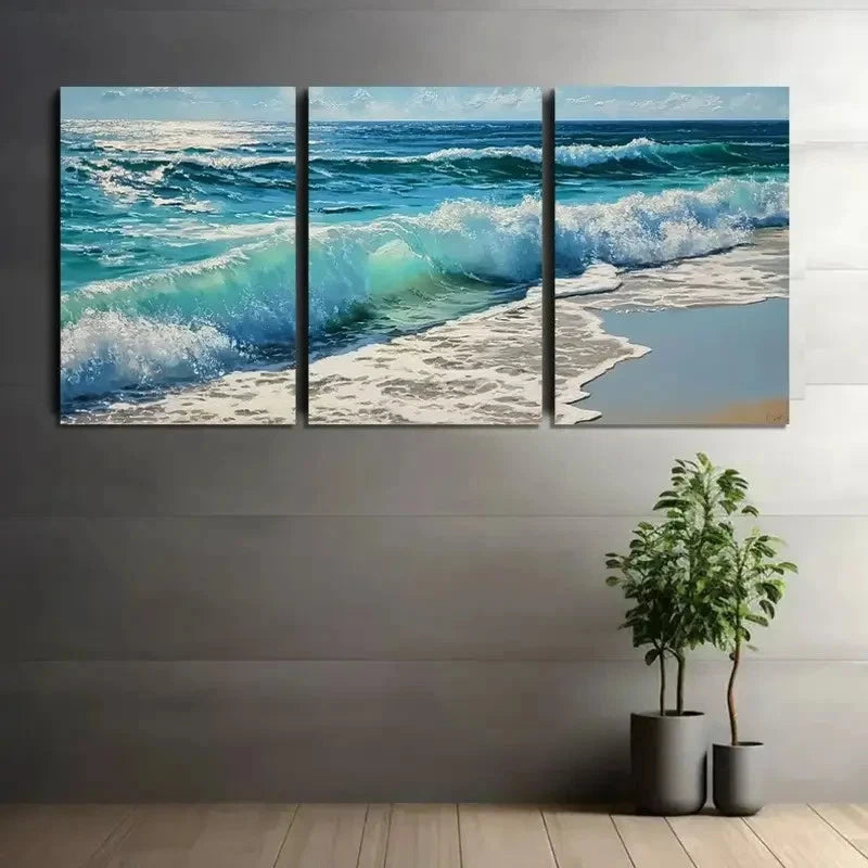 3pcs Ocean Waves on the Beach with Light Blue Metal Print Ready to Hang Art