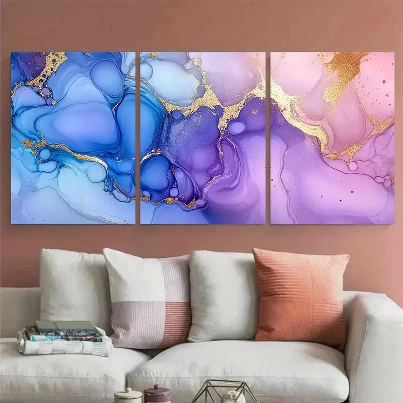 3pcs Blue Purple Golden Marbling Fluid Design Metal Print Ready to Hang Art