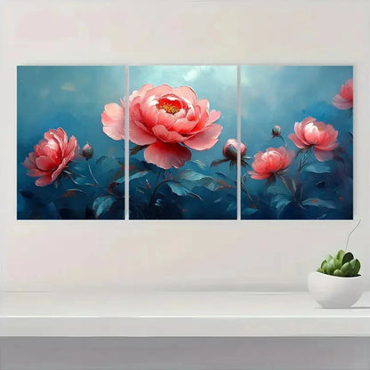 3pcs Elegant Peony Flower Pink & Blue Floral Metal Print Ready to Hang Art