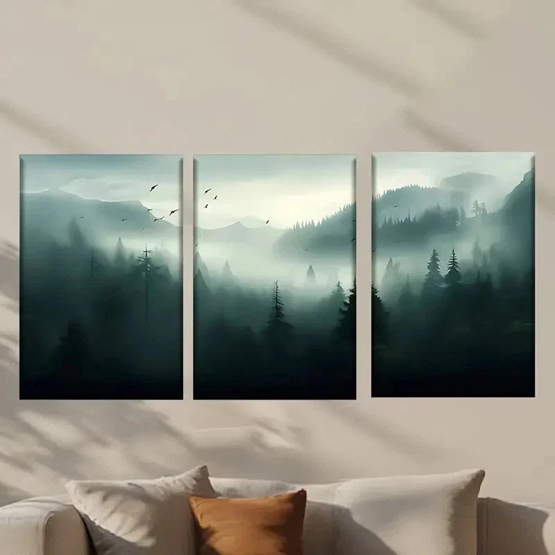 3pcs Misty Forest with Birds Flying Over Wall Art Set Canvas Framed 40x60cm - High Quality Print 100% Australian Made Wall Canvas Ready to Hang