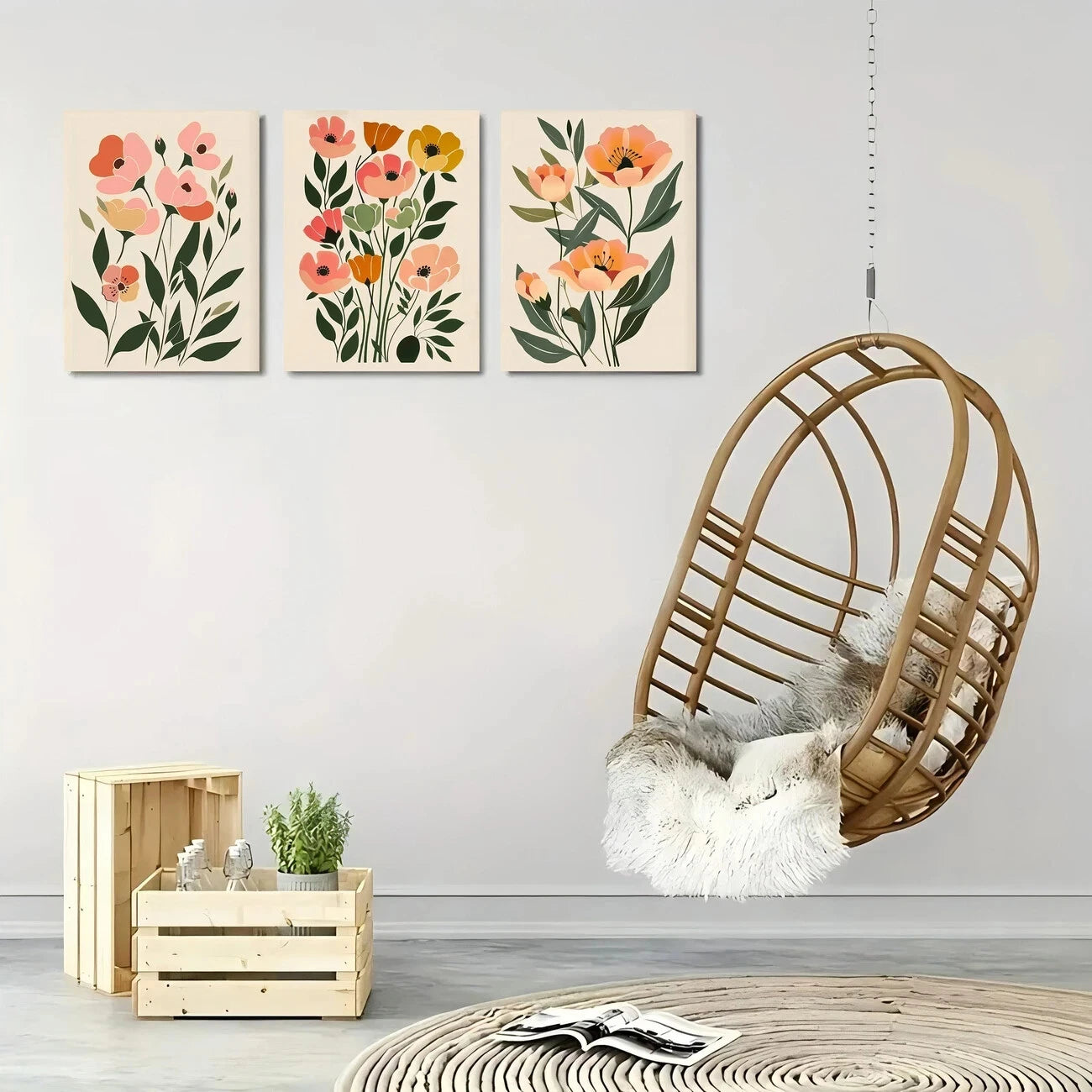3pcs Boho Abstract Flowers Terracotta Floral Metal Print Ready to Hang Art
