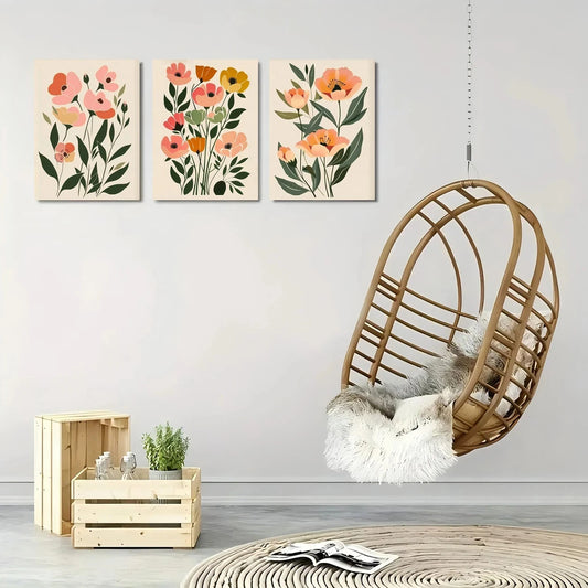3pcs Boho Abstract Flowers Terracotta Floral Metal Print Ready to Hang Art