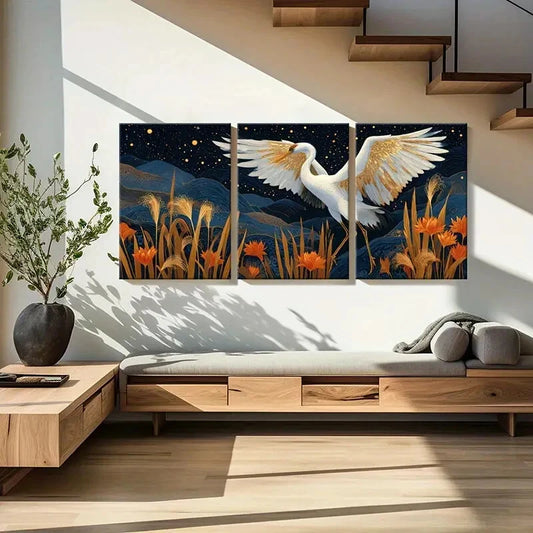 3pcs Elegant Crane Starry Night Golden Wings Metal Print Ready to Hang Art