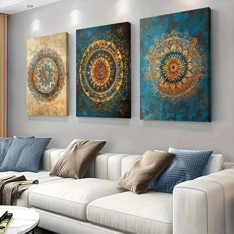 3pcs Elegant Golden & Teal Geometric Patterns Wall Art Set Canvas Framed 40x60cm - High Quality Print 100% Australian Made Wall Canvas Ready to Hang