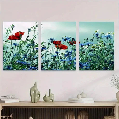 3pcs Beautiful Red Poppy and Blue Flower Wall Art Set Canvas Unframed - High Quality Print 100% Australian Made Wall Canvas