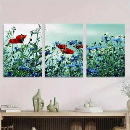 3pcs Beautiful Red Poppy and Blue Flower Wall Art Set Canvas Unframed - High Quality Print 100% Australian Made Wall Canvas