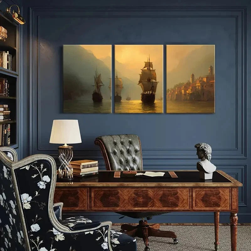 3pcs Maritime Adventure Vintage Sailing Ships Metal Print Ready to Hang Art