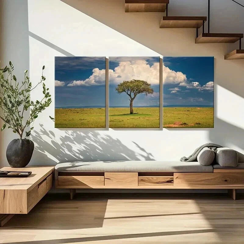 3pcs Blue Sky White Clouds Grassland & Tree Wall Art Set Canvas Framed 40x60cm - High Quality Print 100% Australian Made Wall Canvas Ready to Hang