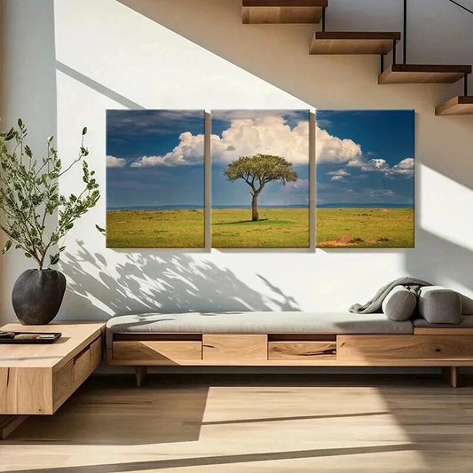 3pcs Blue Sky White Clouds Grassland & Tree Wall Art Set Canvas Framed 40x60cm - High Quality Print 100% Australian Made Wall Canvas Ready to Hang