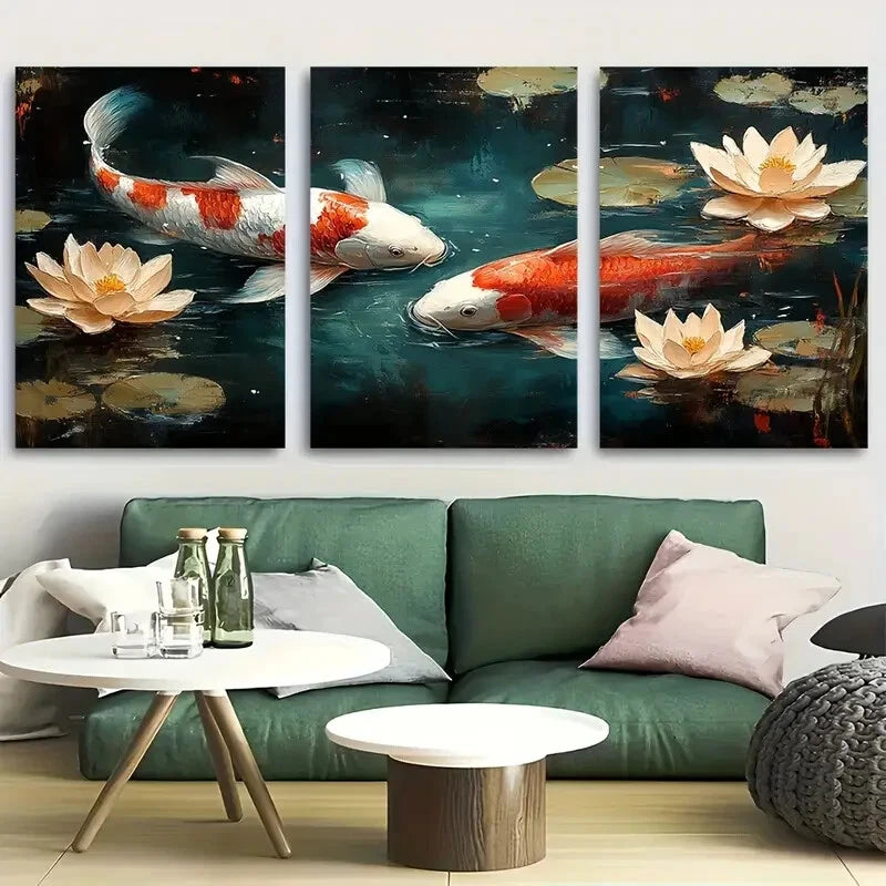 3pcs Koi Fish Pond with Lotus Florals Metal Print Ready to Hang Art