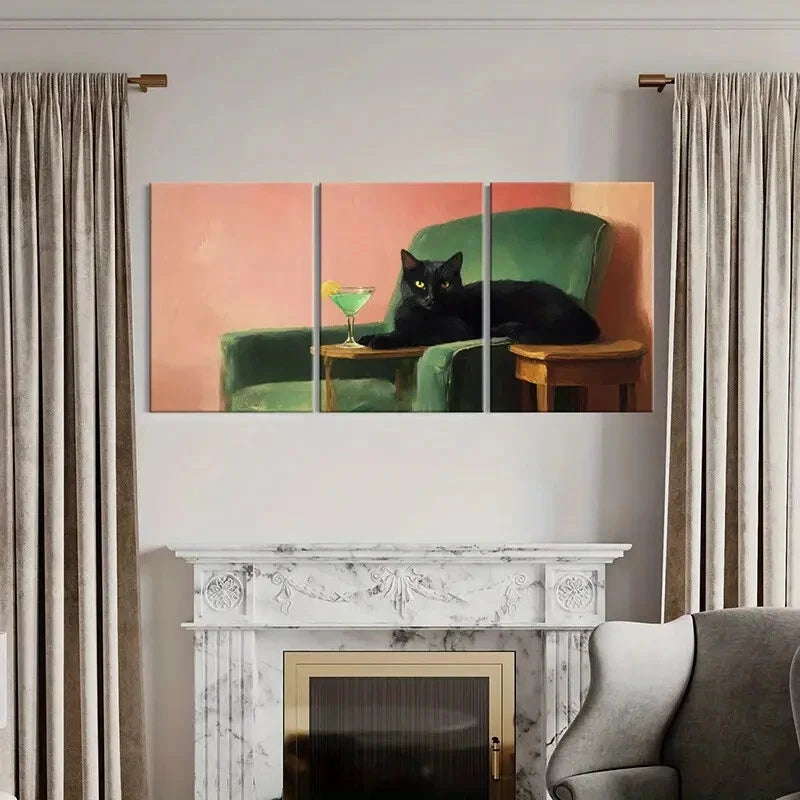 3pcs Black Cat Green Cocktail Modern Sofa Metal Print Ready to Hang Art