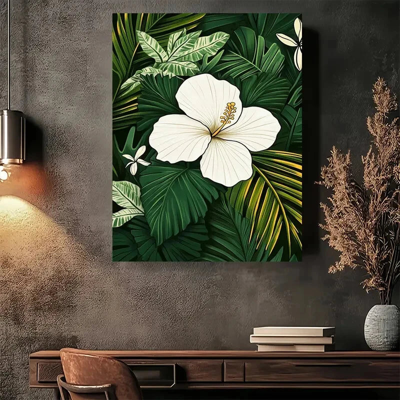 Beautiful Tropical White Hibiscus Green Leaves & Palm 40x60cm Metal Print Ready to Hang