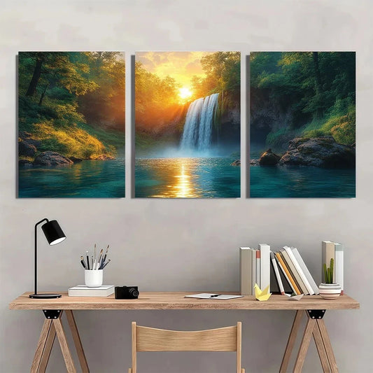 3pcs Tropical Waterfall Surrounded Lush Greenery Metal Print Ready to Hang Art