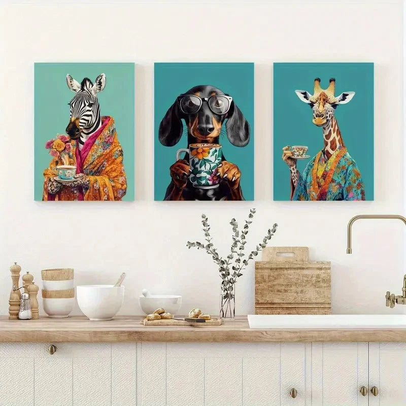 3pcs Zebra Giraffe Dachshund in Glasses Metal Print Ready to Hang Art
