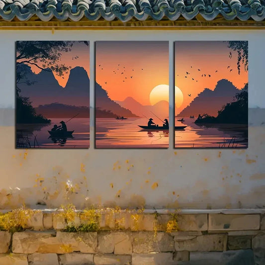 3pcs Fishing Boats on The Sea Surface with Sunset Metal Print Ready to Hang Art