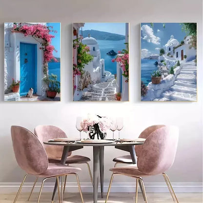 3pcs Santorini Greece Landscape Wall Art Set Canvas Framed 50x70cm - High Quality Print 100% Australian Made Wall Canvas Ready to Hang