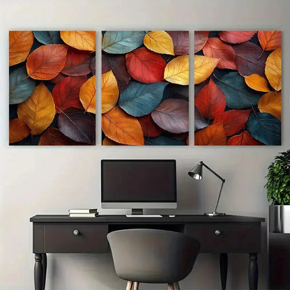 3pcs Vibrant Modern Abstract Autumn Leaves Metal Print Ready to Hang Art