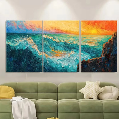 3pcs Ocean Sunset with Bold Brushwork Metal Print Ready to Hang Art