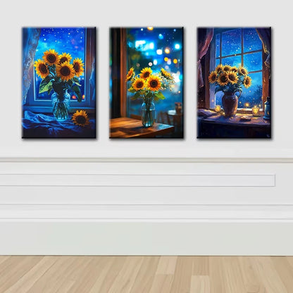 3pcs Sunflowers in a blue vase on a table Wall Art Set Canvas Framed 60x90cm - High Quality Print 100% Australian Made Wall Canvas Ready to Hang