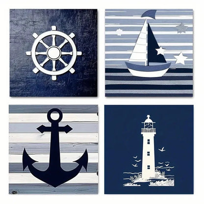 4pcs Anchor, Ship Wheel, Sailboat, Lighthouse Wall Art Canvas Framed