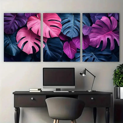 3pcs Vibrant Tropical Jungle Pink Purple Foliage Metal Print Ready to Hang Art
