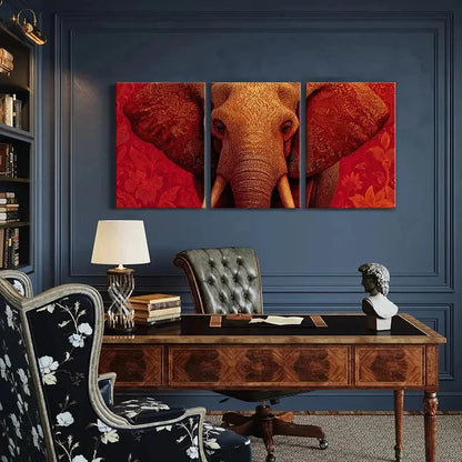 3pcs Elephant Art Intricate Design Red Background Metal Print Ready to Hang Art