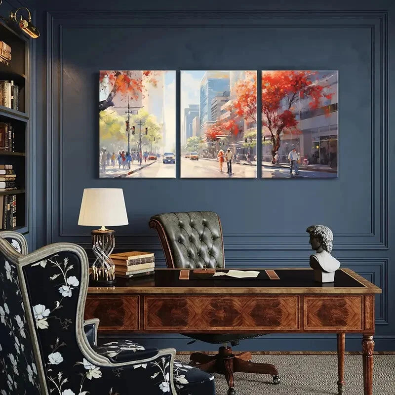 3pcs Abstract Cityscape Autumn Trees Urban Life Metal Print Ready to Hang Art