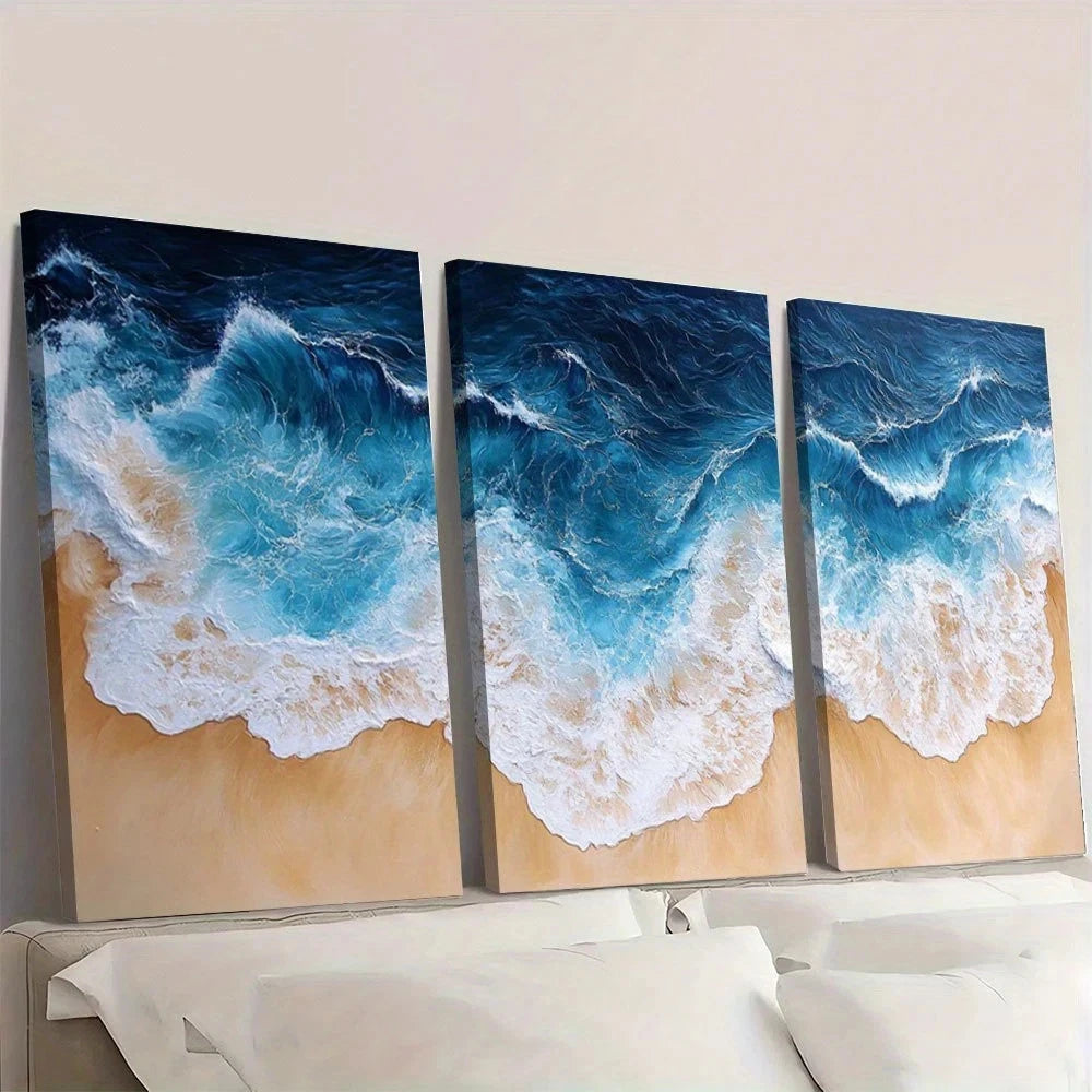 3pcs Panoramic Ocean Beach Sea Waves Wall Art Set Canvas Framed 40x60cm - High Quality Print 100% Australian Made Wall Canvas Ready to Hang