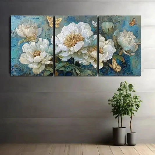 3pcs Elegant White Flowers With Butterflies Metal Print Ready to Hang Art